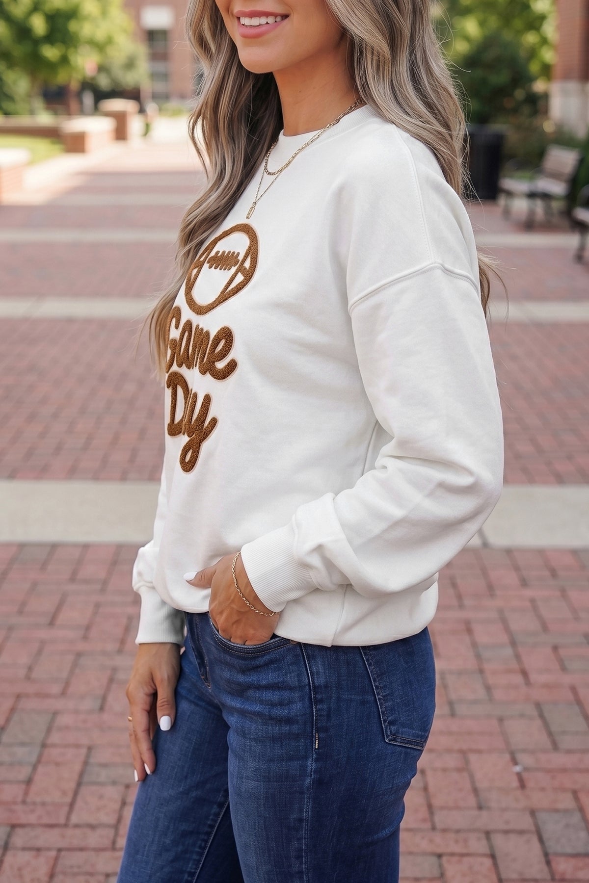 White Embroidered Game Day Crewneck
