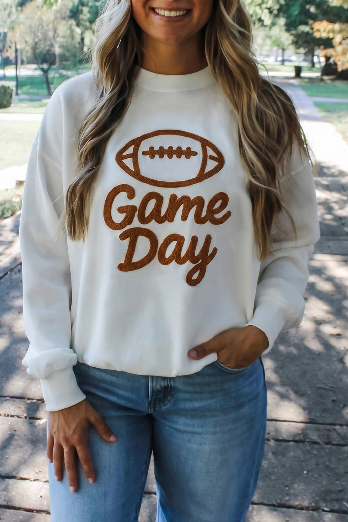 White Embroidered Game Day Crewneck