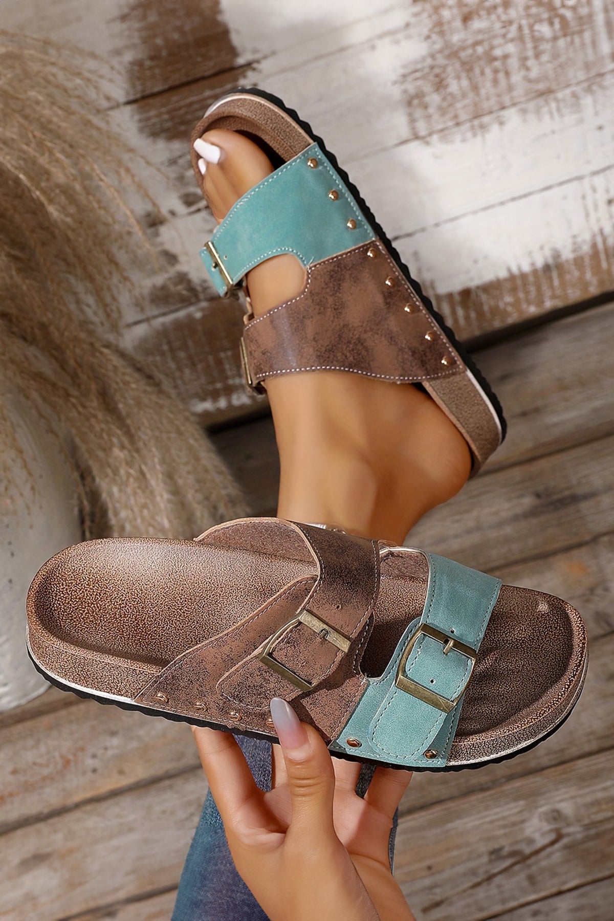 Coffee Two-tone Buckle Straps Hollowed Faux Suede Sandals