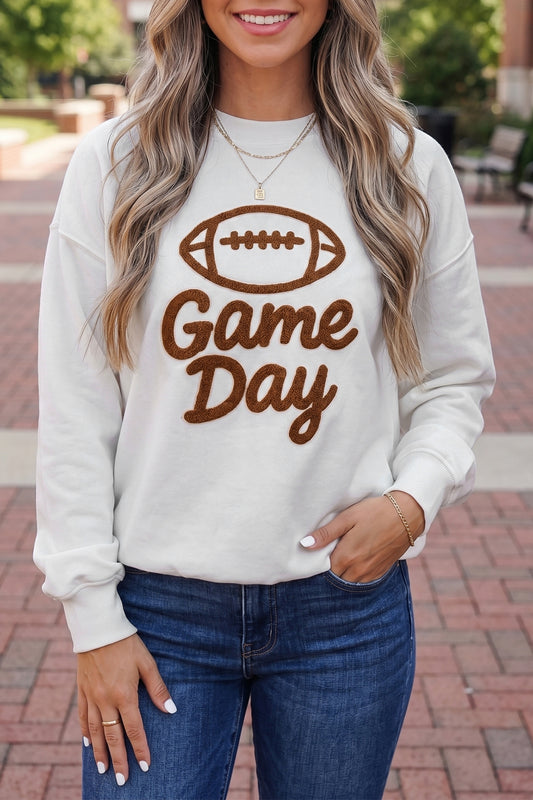 White Embroidered Game Day Crewneck